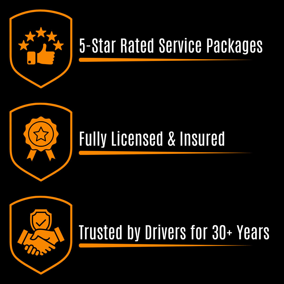 Trust badge: 5-star rated service packages, fully licensed & insured, trusted by drivers for 30+ years.