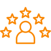 Proven track record Orange icon with a person surrounded by stars, representing Maxamy’s strong customer reviews and reputation in diagnostics.