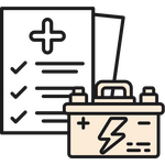 Printed battery health report Icon showing a clipboard and car battery, representing a printed battery health report.