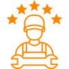 Experienced mobile mechanic Orange icon of a mechanic with five stars above, symbolising experienced mobile car repair work.